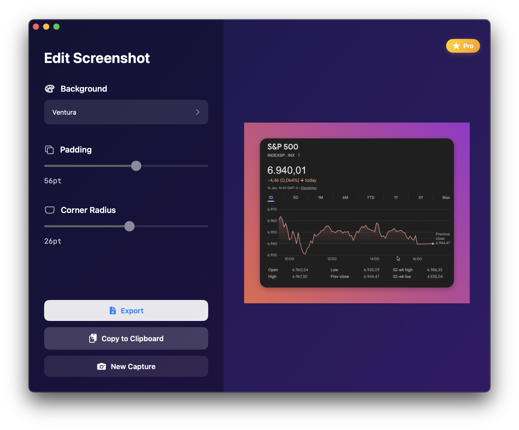 Beautisnap screenshot editor with watermarking and export options on macOS